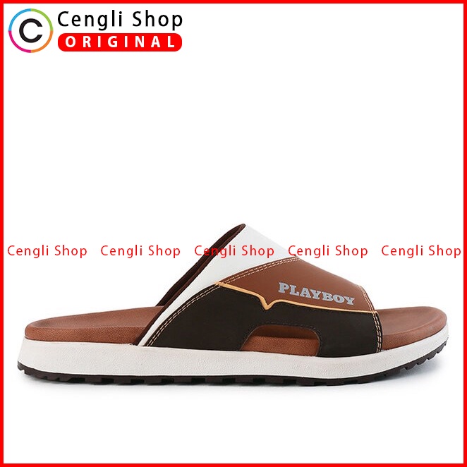 SANDAL SLIDE PLAYBOY PRIA ORIGINAL CASUAL BRANDED ASLI COKLAT PL46