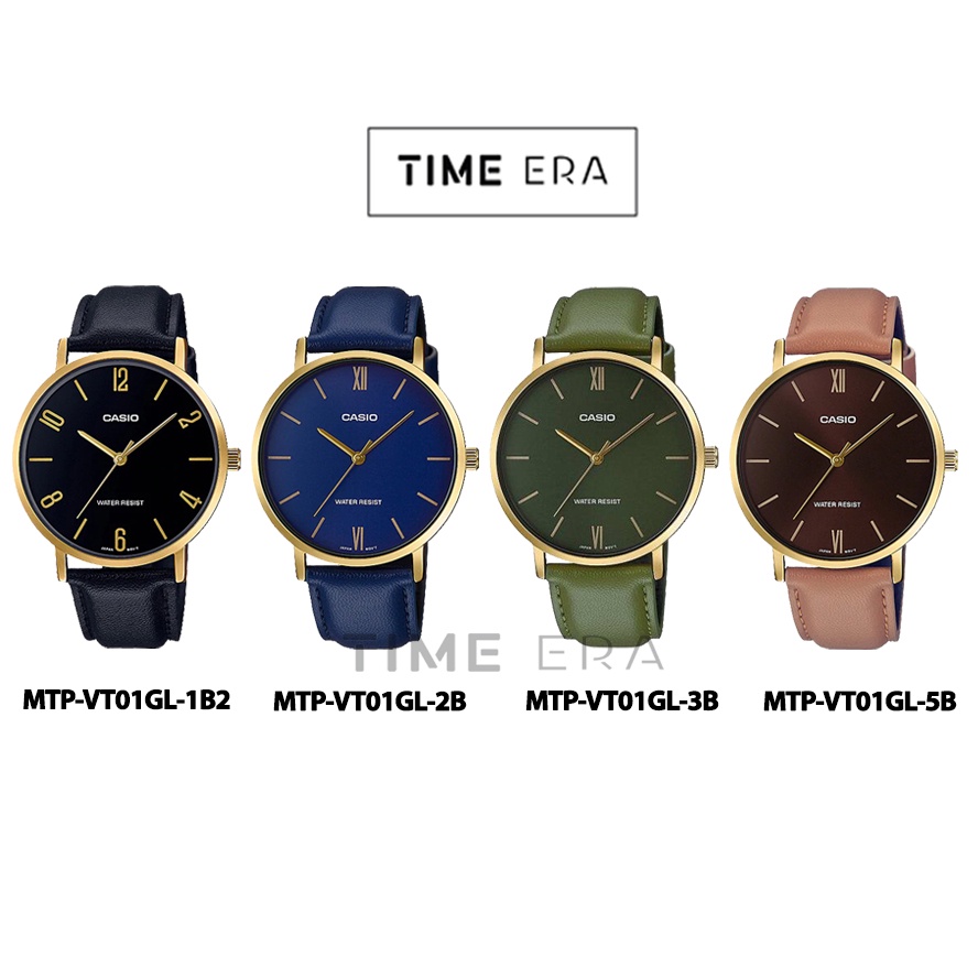 Casio Original MTP-VT01GL-1B2 2B 3B 5B Jam Tangan Kulit Pria Gold Emas