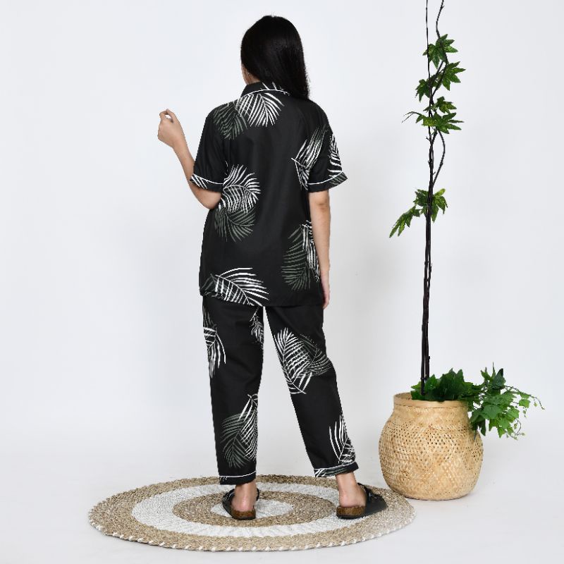 Baju Tidur Piyama Wanita Dewasa Motif Big Coco Daun CP Lengan Pendek Celana Panjang Kekinian