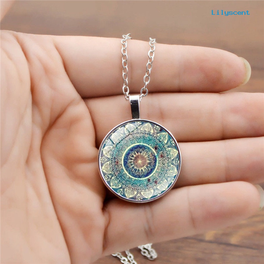 Kalung Rantai Panjang Dengan Liontin Kaca Cabochon Motif Mandala Gaya Vintage Untuk Wanita