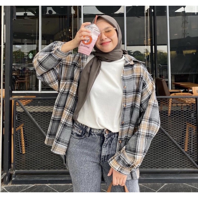 Baju Atasan Kemeja Korea Wanita Crop Kotak Kotak Lengan Panjang Korean Style Fit To L | Kemeja Flane