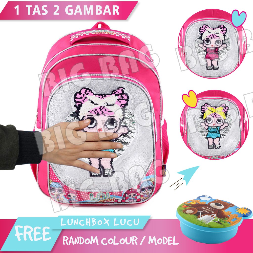 Tas Ransel Anak Perempuan Karakter Lol Surprise GLITTER-Tas Ransel Model Usap/Swipe Glitter+LUNCHBOX