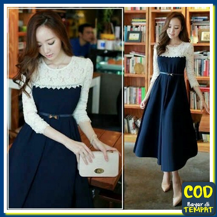 Terbaru Imlek 2020 Natal Baju Cewek [Dress Arsita Ro]Dress Wanita SC798 [ Kori Navy Sl] Navy