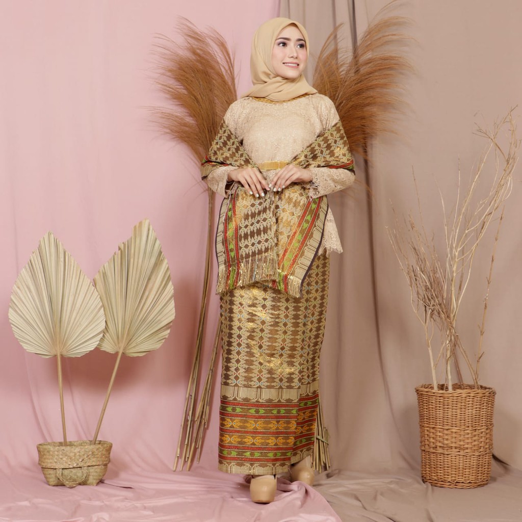 SET SONGKET CREM GOLD ROK DAN SELENDANG/SONGKET PALEMBANG/BATIK SONGKET MURAH