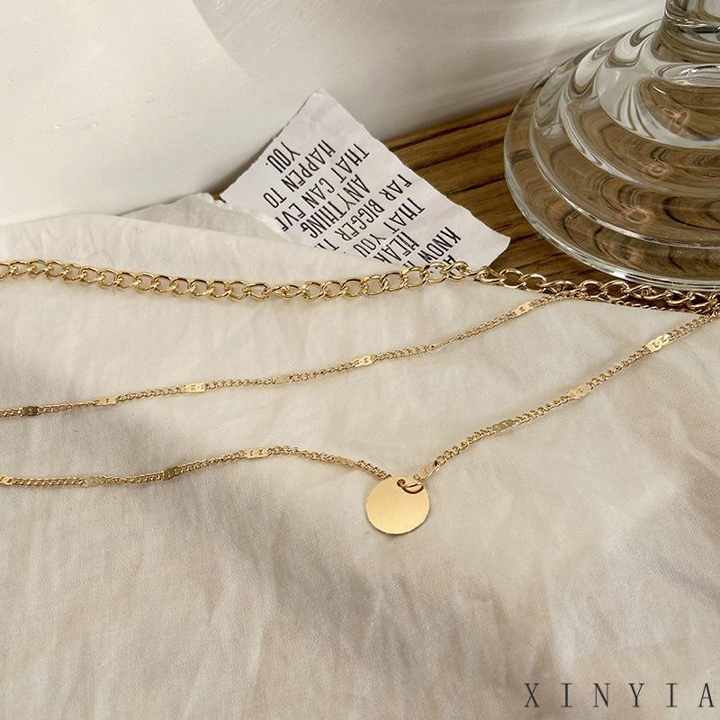 Xia.id Kalung Rantai Pendek Multi layer Liontin Bulat Kecil Hias Kristal Untuk Pria / Wanita