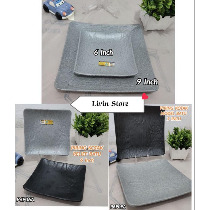 P6906A & P6909A (2pcs) Piring Melamin Kotak Stone Relief 6inch & 9inch Golden Dragon