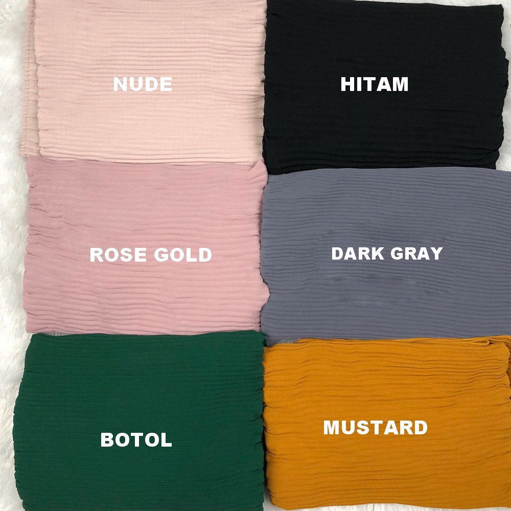 Hijab Pashmina Ceruty Full Plisket Lidi Tanpa Garis Tengah 180x75cm