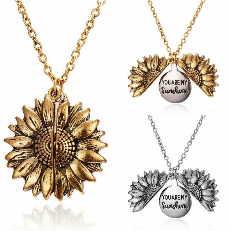 Kalung Rantai Dengan Liontin Bunga Matahari Motif Ukir You are My Sunshine Untuk Wanita