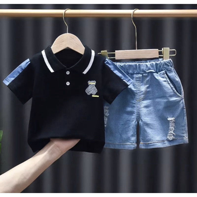 SETELAN BAJU DAN CELANA ANAK PANDA KERAH LEVIS 1-5 TAHUN