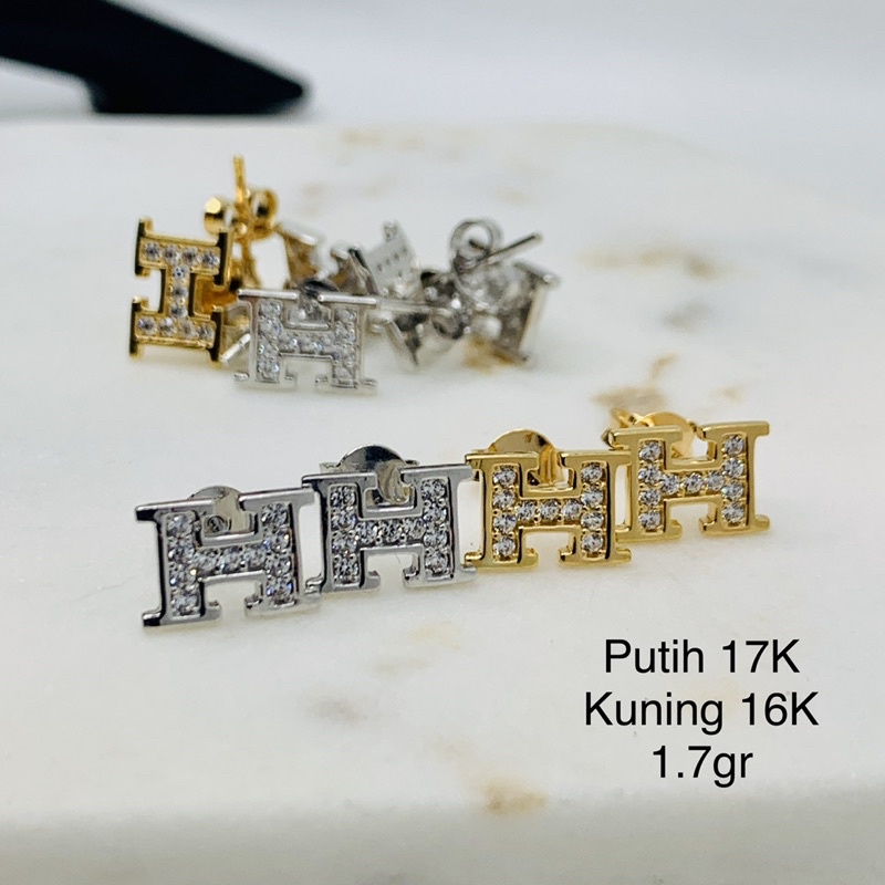 Anting Giwang Tusuk Emas Asli Model Fashion LOGO H Herme Putih Kuning Rose Gold Kadar 700 16k 750 17