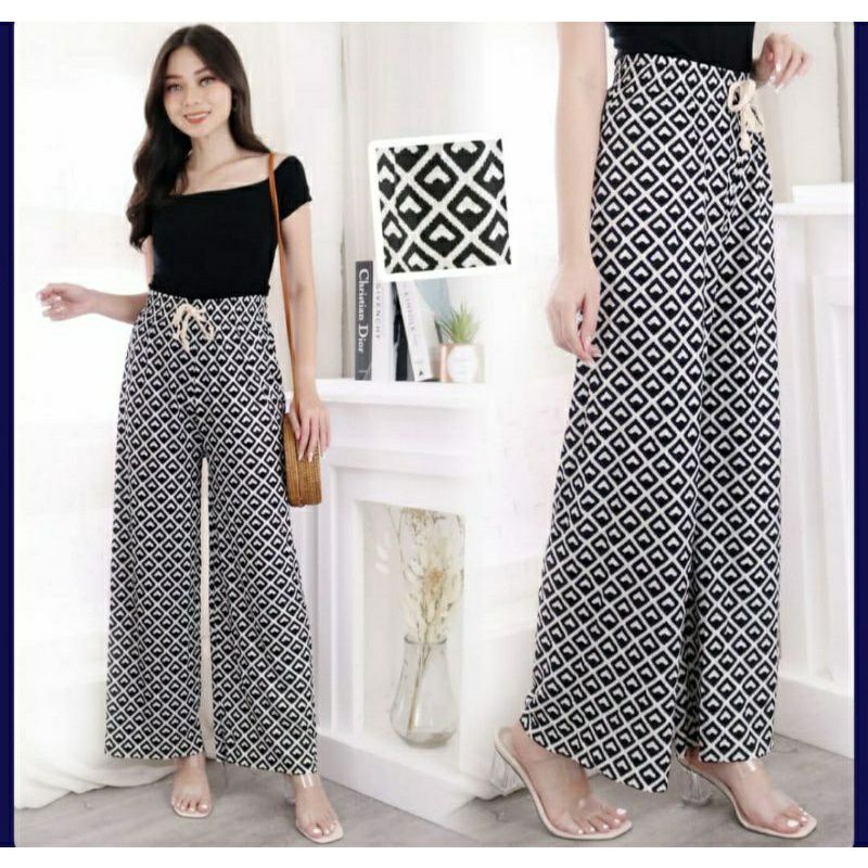 Celana Panjang Kulot Plisket Motif Kotak Catur Korea Wanita Import