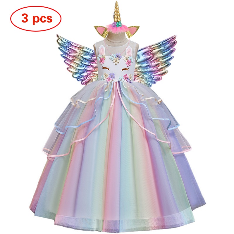 Anak Unicorn Party Dress + Sayap + Headband 3 pcs set Gadis Halloween Kostum Hadiah Ulang Tahun untuk Anak-anak