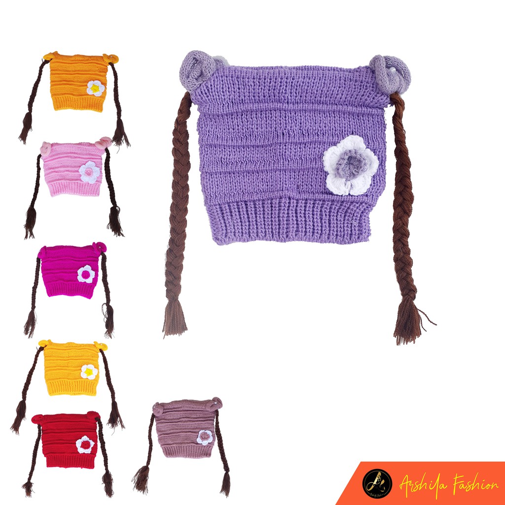 Topi Kupluk Rambut Kepang Motif Bunga / Baby Hat Wig / Topi Bayi Rambut-Ungu Lilac