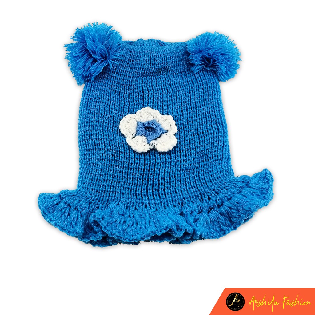 Kupluk Rajut Bayi Perempuan Motif Bunga 0 Sampai 3 Tahun / Kupluk Anak Bayi Motif Bunga-Biru Muda