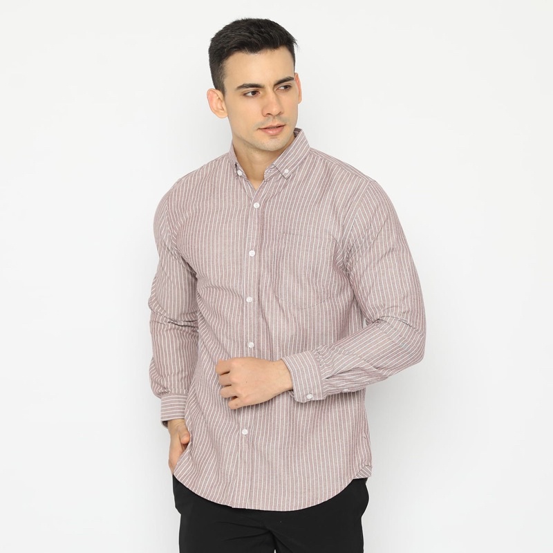 Code Male Striped Kemeja Pria Panjang Salur Maroon Basic Bodyfit