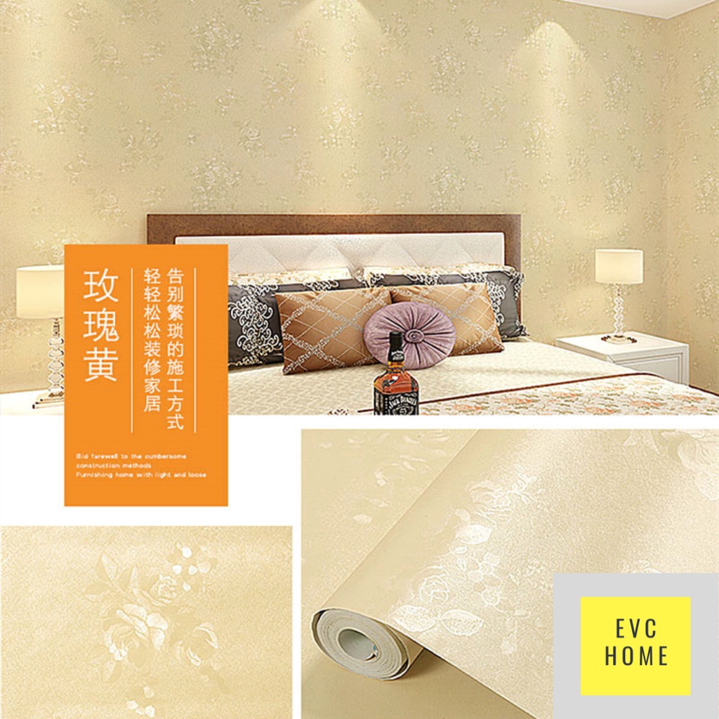EVCHOME 45CM x 10M Wallpaper Sticker Dinding Polos 3D Korea Premium/Wallstiker Embos Dekorasi Dinding-Gold Rose