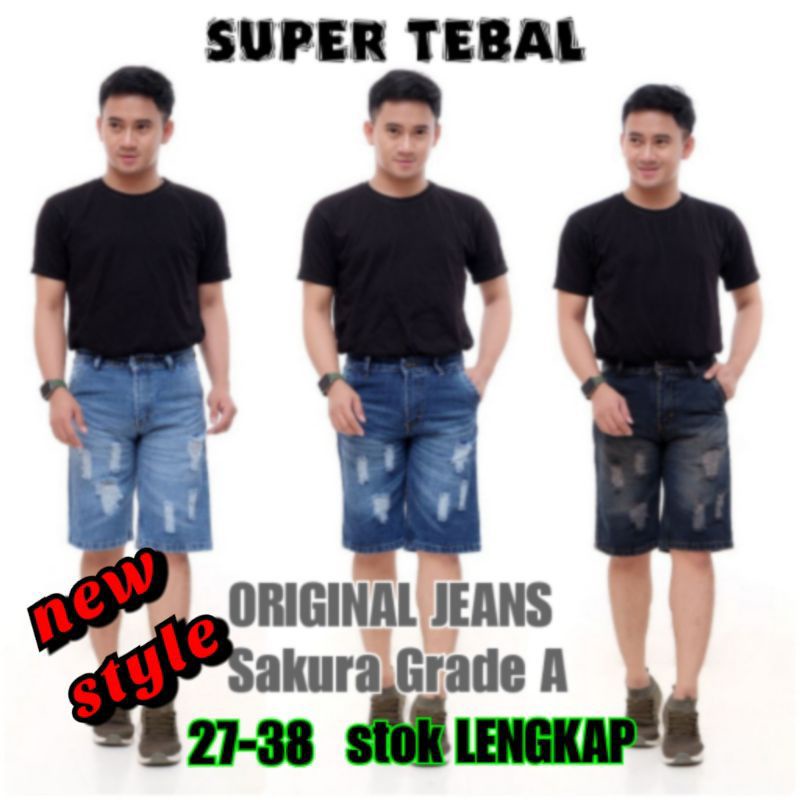 Celana Pendek Pria ripped Jeans navy hitam Original Branded sobek robek denim New Favorite kekinia