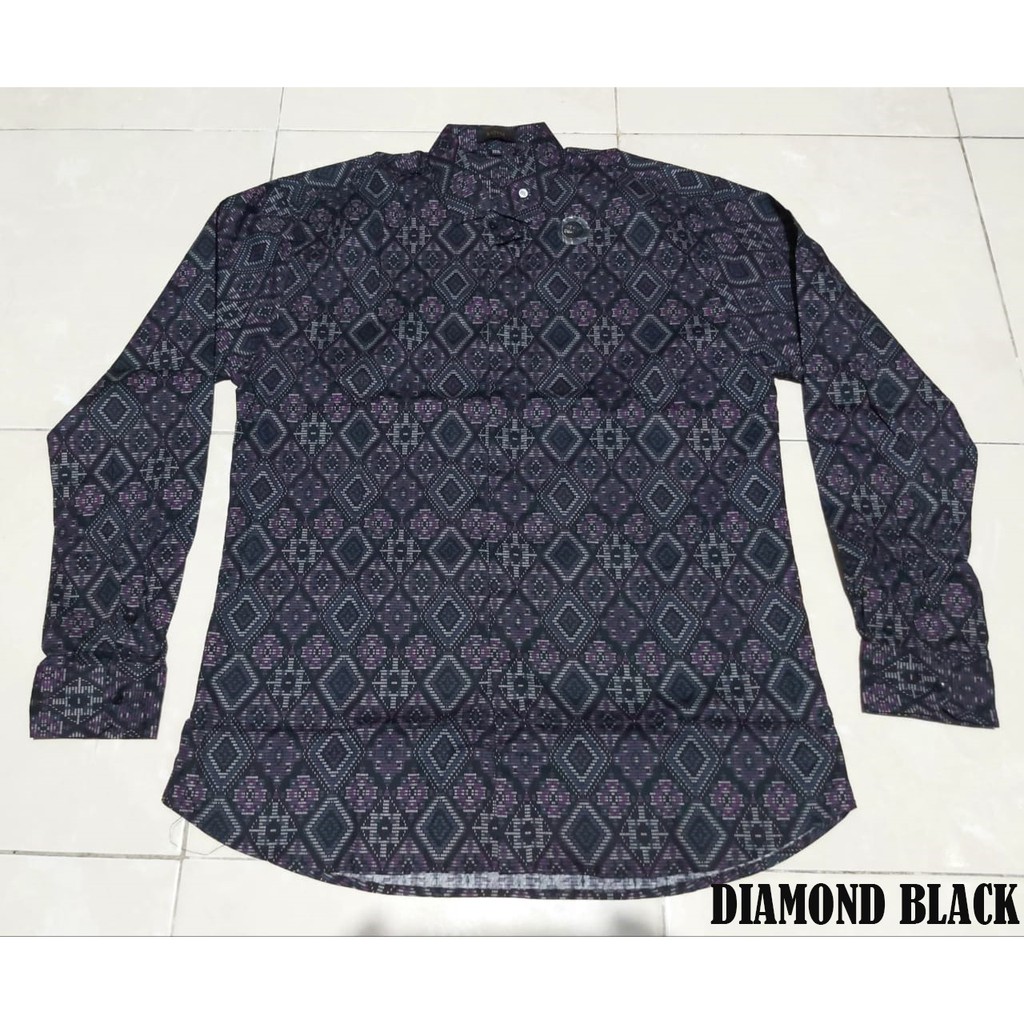 Baju Batik Kemeja Batik Pria Lengan Panjang Songket Diamond Hitam Modern Slimfit Casual Black
