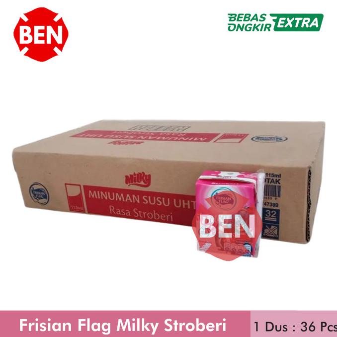 

(BISA COD) Frisian Flag Milky Stroberi Strawberry 1 Dus 36 Pcs 115ml Susu UHT BERMUTU Kode 1162