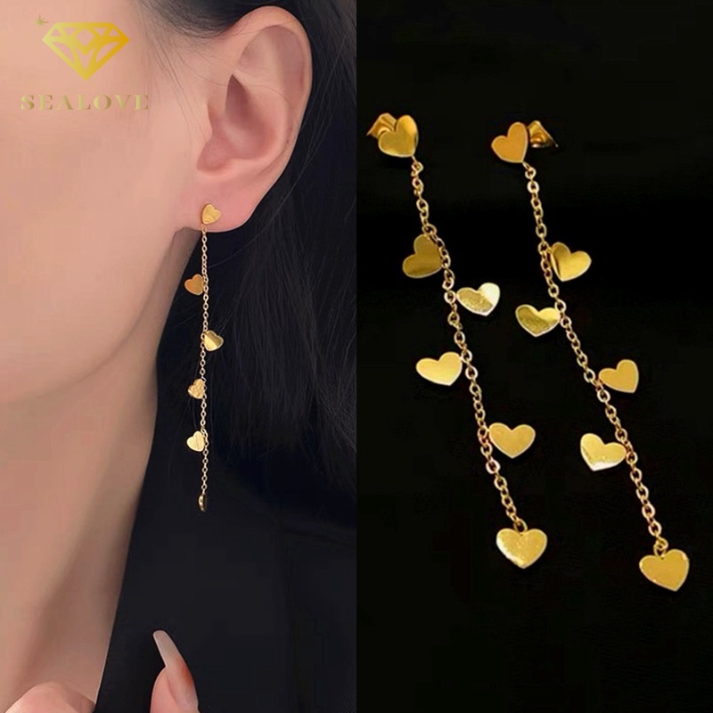 Anting Titanium hati Korea Panjang Lapis Emas 18K Aksesoris Wanita earrings Rumbai Perhiasan