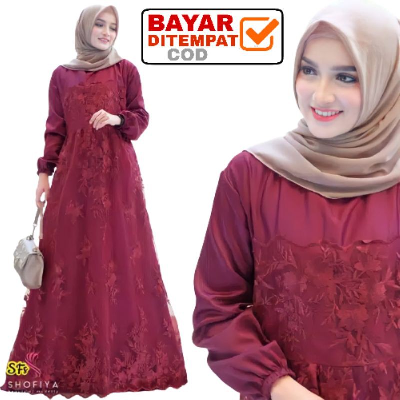 Size L XL XXL / Gamis Muslim Farasya / Maxi Brukat Selma Tulle Premium Jumbo Murah Brokat Navy Marun-Marun