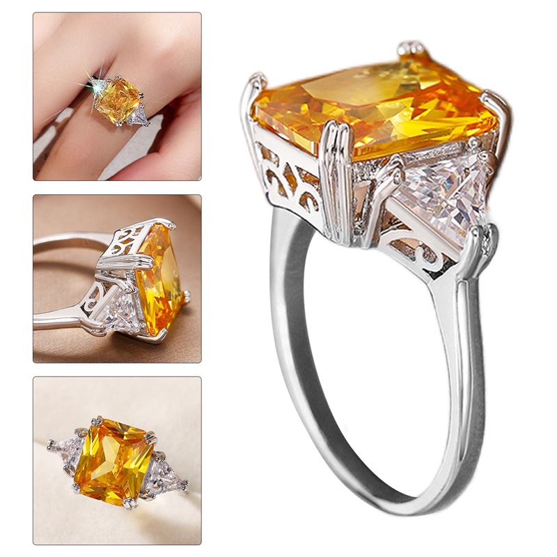 Fancyqube Cincin Bentuk Geometri Warna Silver Hias Cubic Zirconia Kuning Untuk Wanita