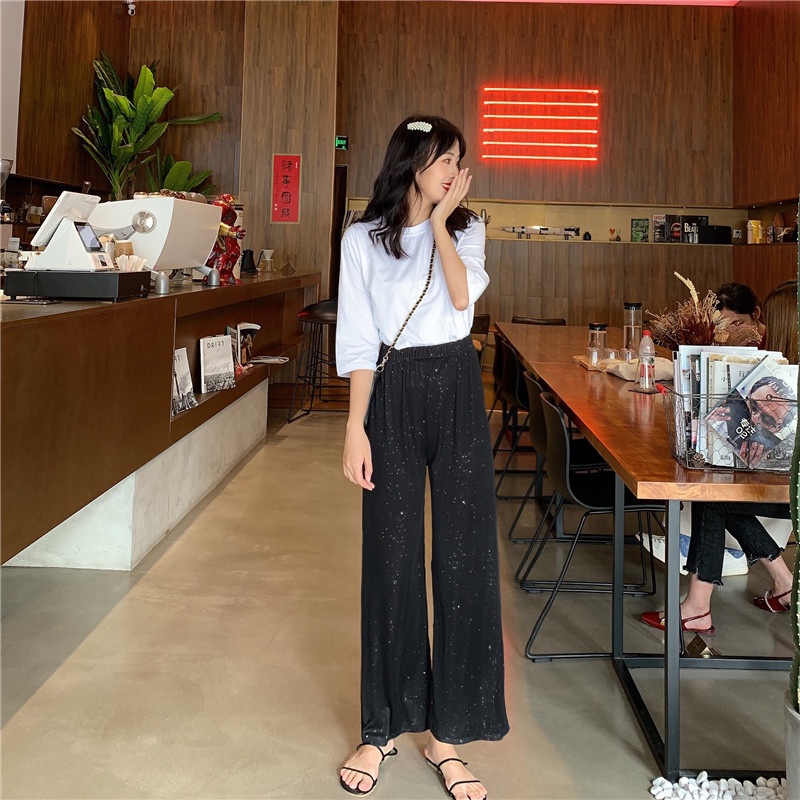 korean style celana panjang wanita high waist kasual loose hitam straight pants