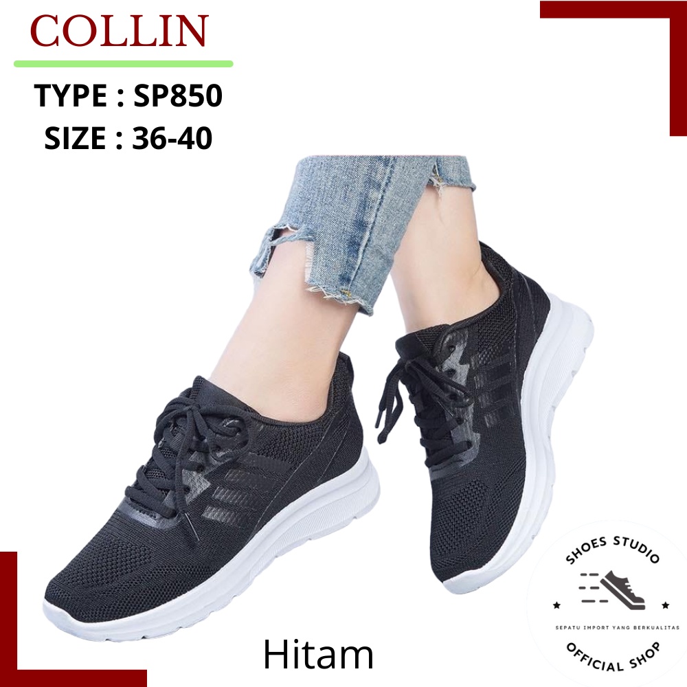 Collin SP850 Hitam Putih Sepatu Rajut Import  Wanita /Sepatu Casual  Olahraga Premium