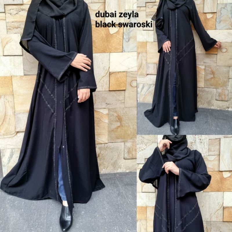 Abaya hitam Dubai zeyla swarovski hitam busui friendly full kancing