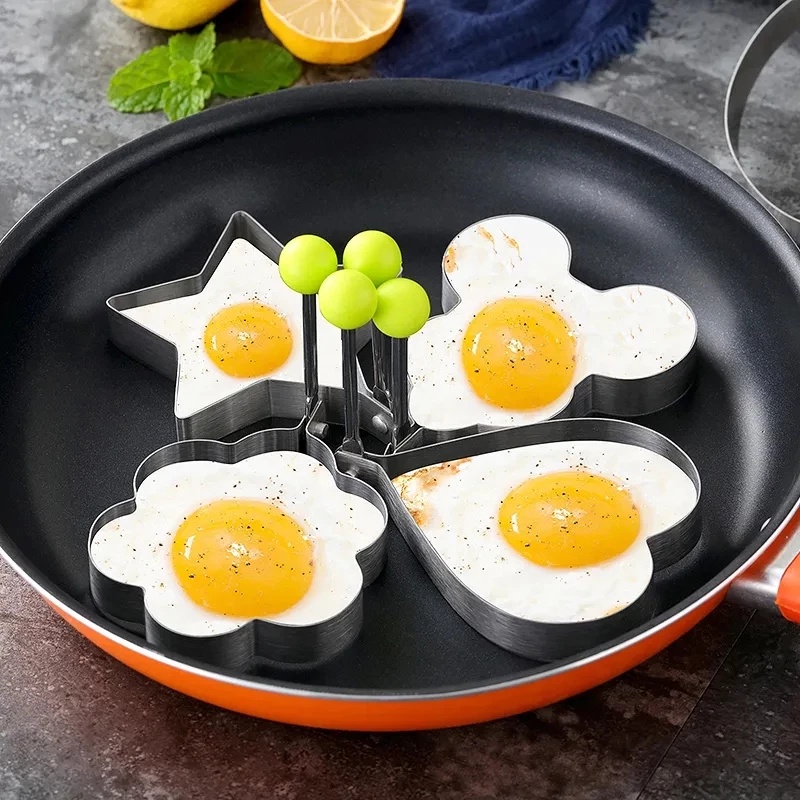 5pcs / Set Cetakan Telur / Pancake / Roti Bentuk Kartun Hati / Bulat / Pentagonal Bahan Stainless Steel