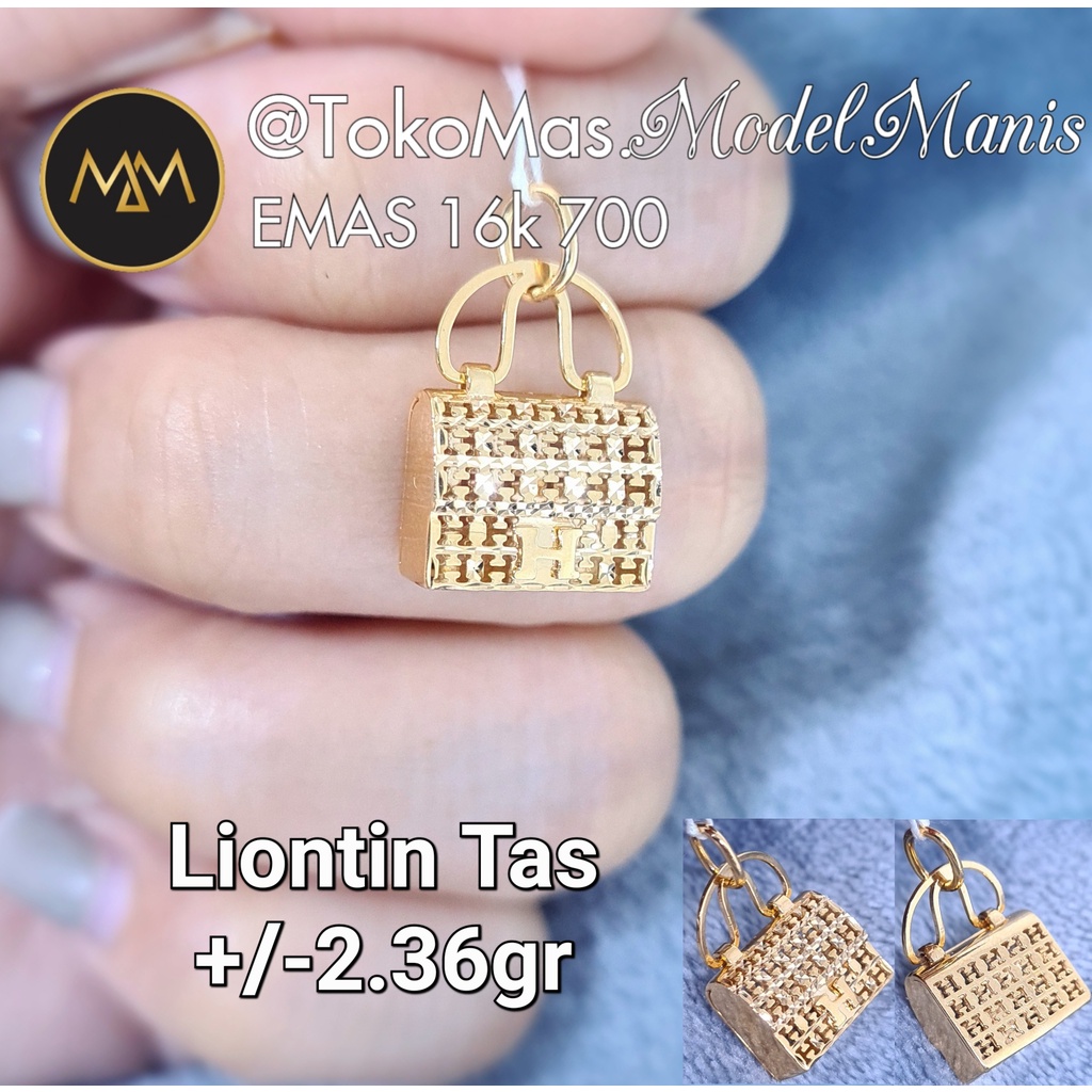Liontin Tas Brand H emas kuning 700 kadar 16k
