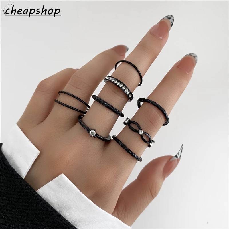 IFYOU 8pcs / set Cincin Geometris Warna Hitam Gaya Vintage Untuk Wanita