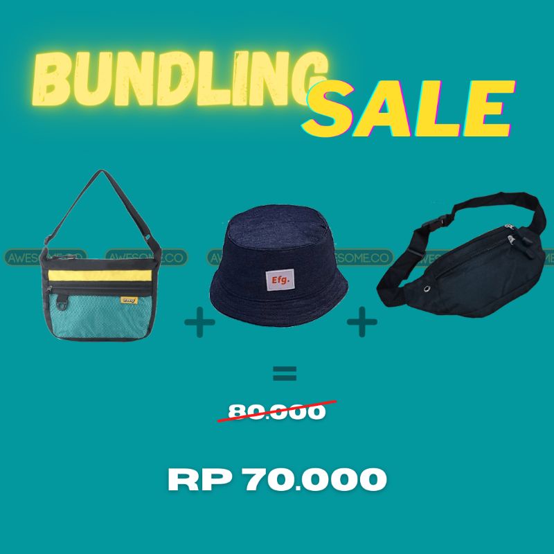 BUNDLING Sale Tas Selempang Jaring Groovy Topi Bucket Efg Waistbag Polos Hitam