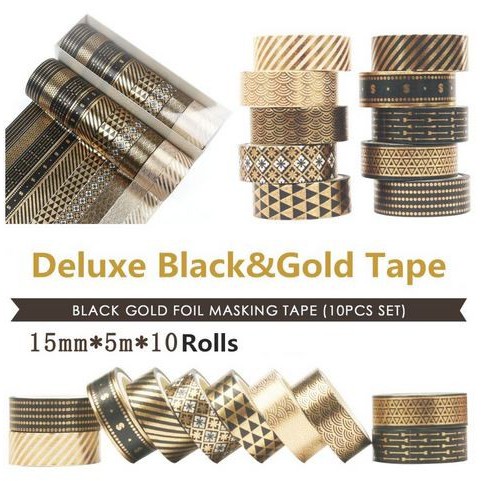 Japanese Washi Tape - Set Deluxe Black &amp; Gold Pattern