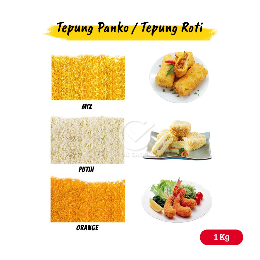 

Tepung Roti/ Tepung Panko/ Panir Warna Putih/ Mix/ Orange (1 Kg)
