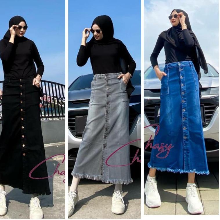 [KODE DVJAU] Rok Panjang Gisca Kancing Depan . Rok Jeans Panjang Kancing Depan