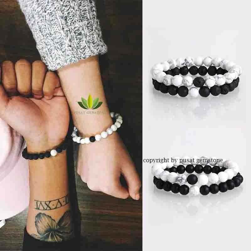 Gelang Tangan Couple Batu Alam Tiger Eye Pirus dengan Black Onix