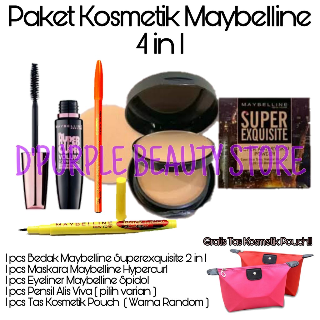 Paket Kosmetik Maybelline Super Komplit 4 in 1 Gratis Tas Kosmetik Pouch