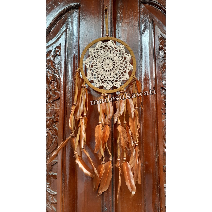Dream catcher sulam jaring bintang benang diameter 17 panjang 53cm dekorasi hiasan rumah bulu ayam