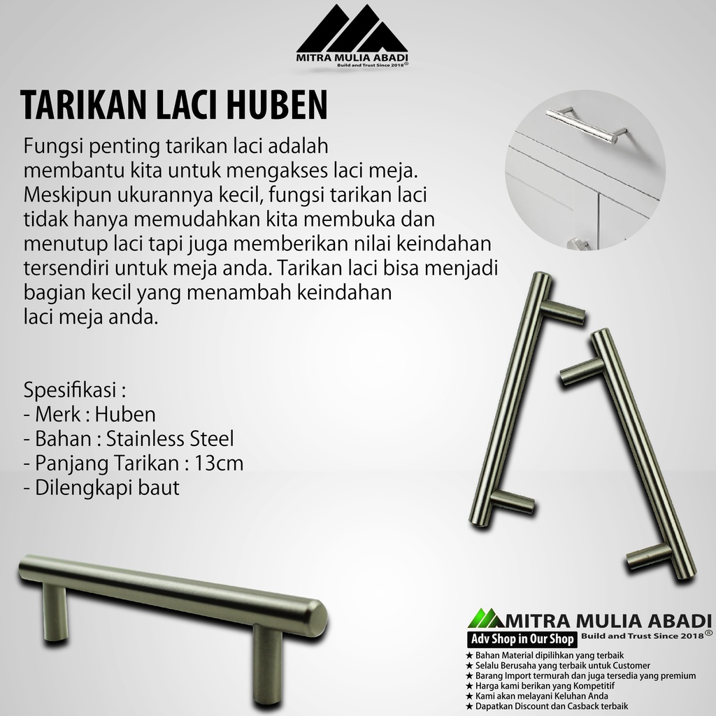 2PCS Tarikan Laci Huben Bulat - 23CM Lemari Kabinet Pipa Stainless Steel