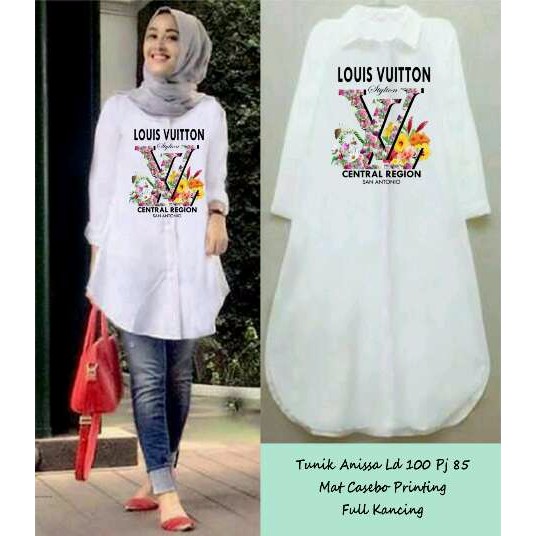 Tunik Putih Anissa Gambar LV Louis Vuitton kemeja lengan Panjang K009