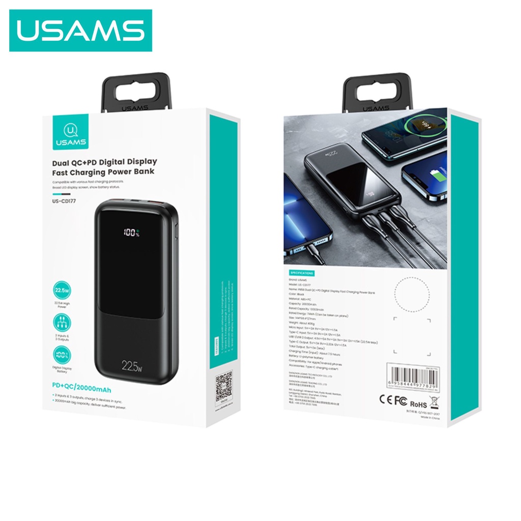 USAMS PB58 Powerbank Fast Charging 22.5W 20000mAh Broad LED Display