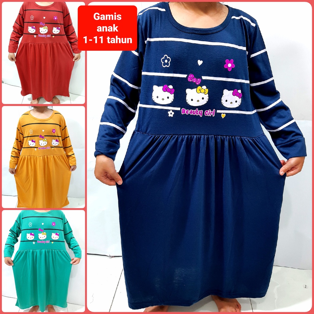 Gamis anak muslim perempuan 1- 11 tahun pakaian kaos tangan panjang cewek kerut 3 kity grosir