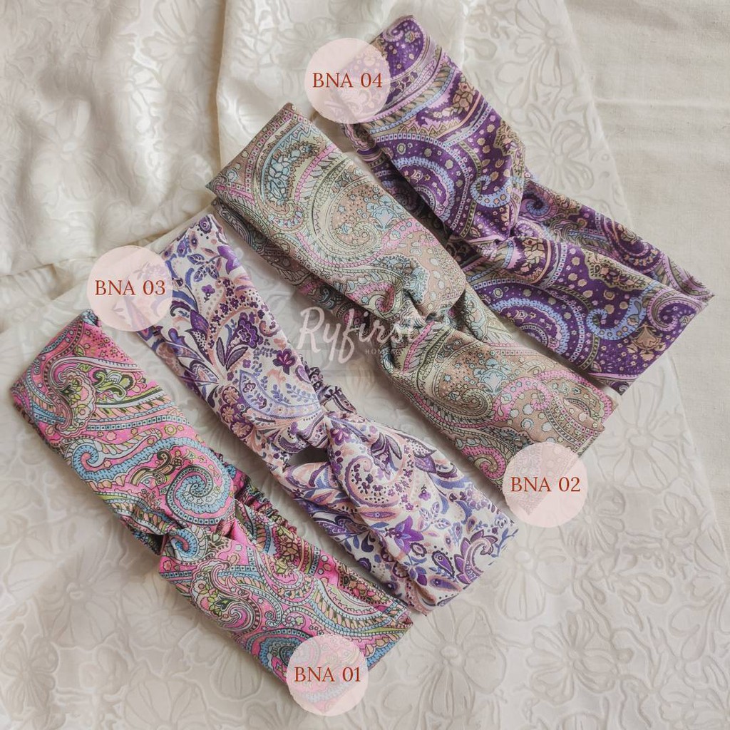 Bandana Simpul Twist Elastis Kain Motif Paisley Gaya Korea