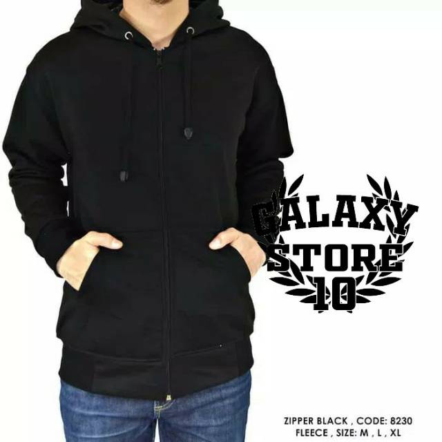JAKET SWEATER HOODIE ZIPPER RESLETING HITAM POLOS COWOK PRIA - Hitam,