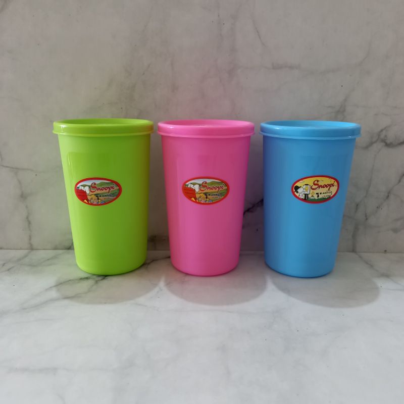 Grosir 1 Lusin ( 12 pc ) Gelas Minum Anak GELAS TUTUP SNOOPY MEDIUM Souvenir Ulang Tahun