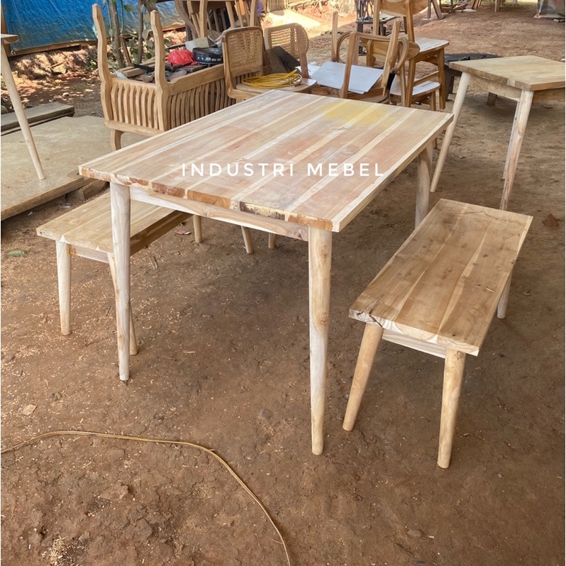 Satu Set Meja Bangku Panjang Kayu Jati Minimalis Retro Scandinavian Harga Murah - Stool Cafe