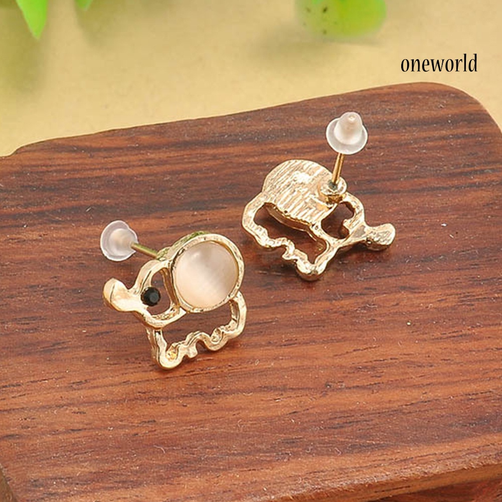 OW# Cute Women Faux Opal Inlaid Hollow Elephant Shape Ear Stud Earrings Jewelry Gift