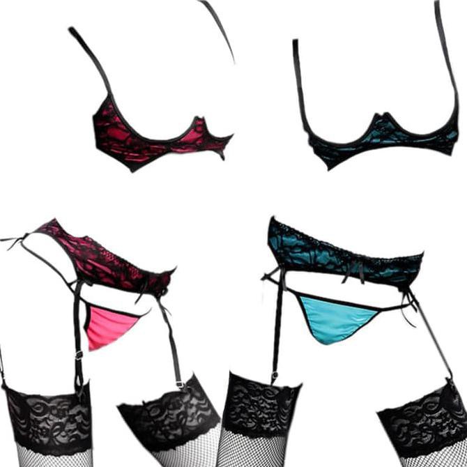 B059 B060 - Bikini Bra Set Open Cup Bra Kawat Garter Stocking Fishnet