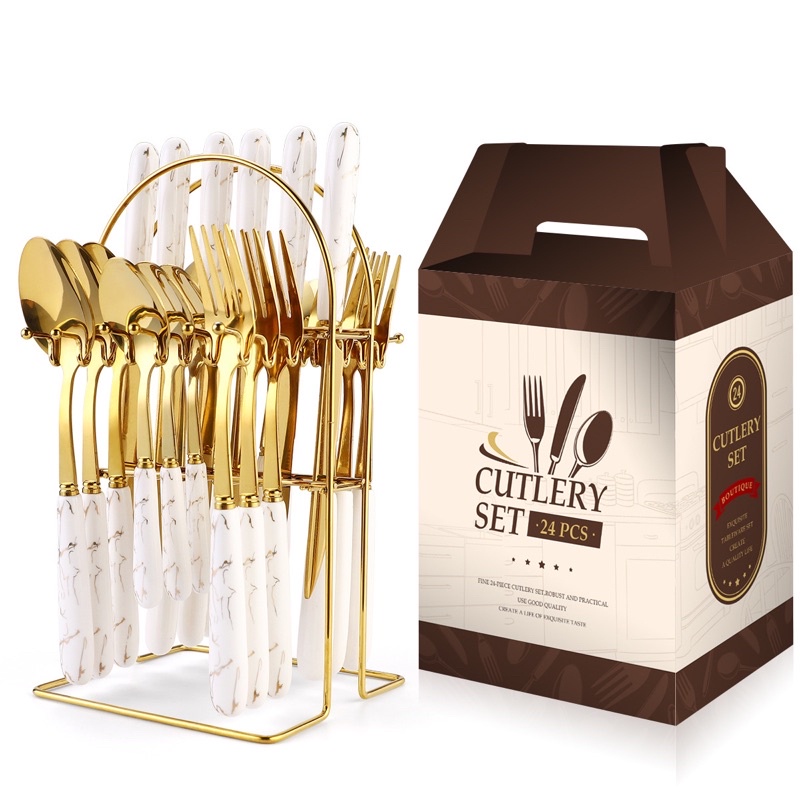 stainless steel cutlery set full gold with hanger sendok